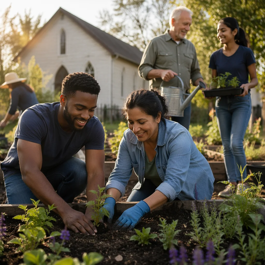 Church Volunteers Planting in Community Garden