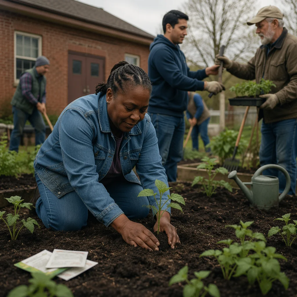 Volunteers Planting Seedlings in Community Garden