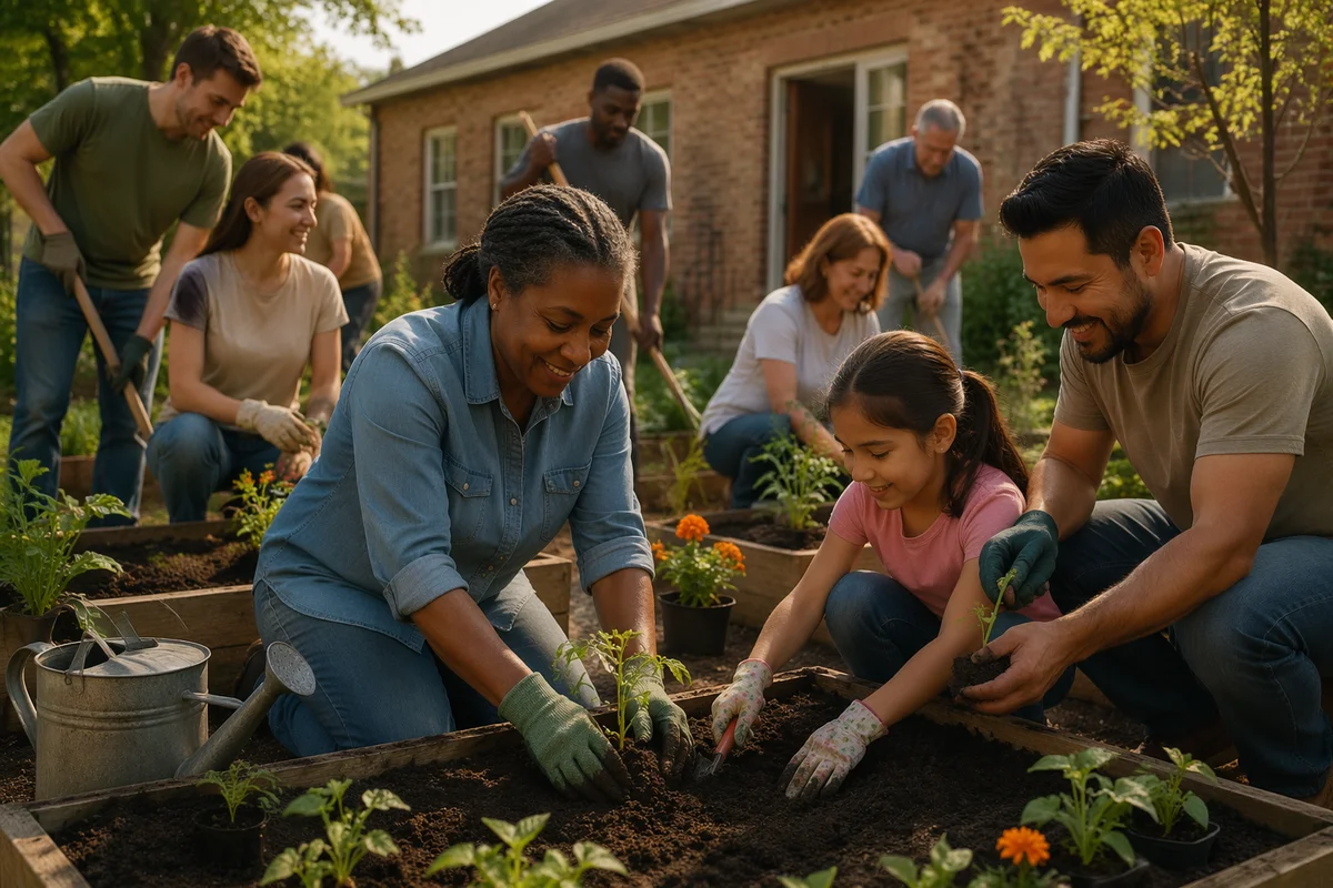 Volunteers Planting Seedlings in Community Garden