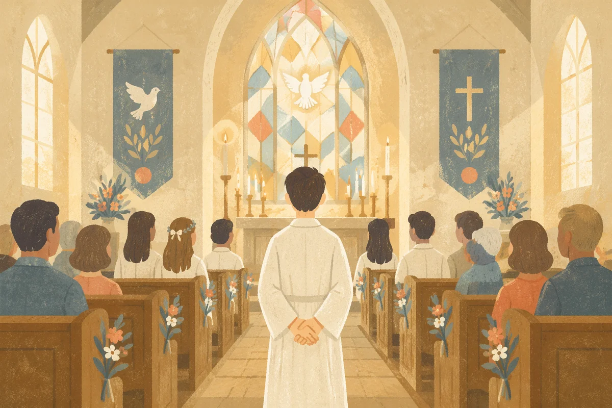 Teen Confirmation Walks Toward Church Altar