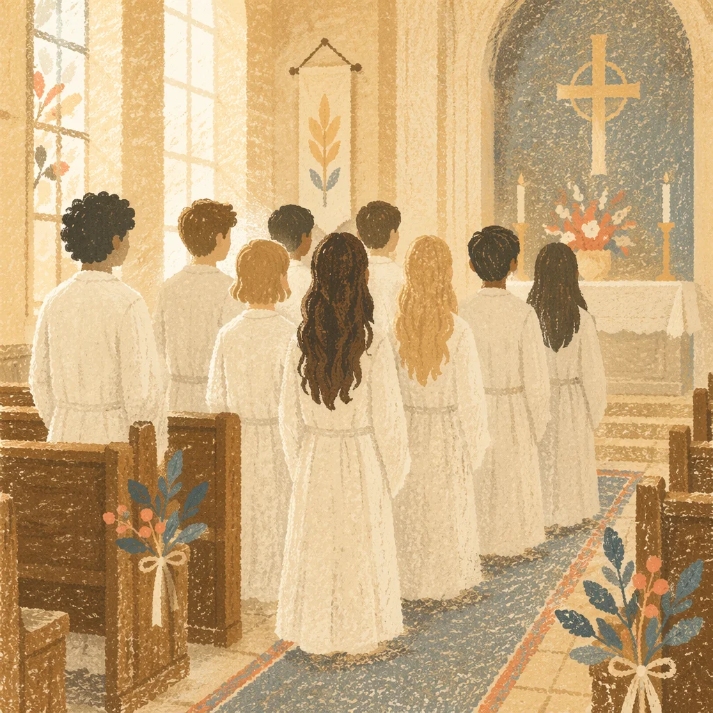 Confirmation Class Teens in White Robes