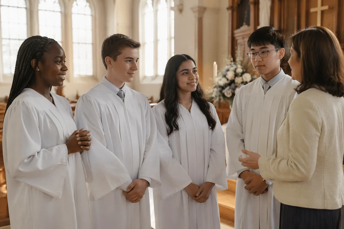 Teens in White Robes at Church