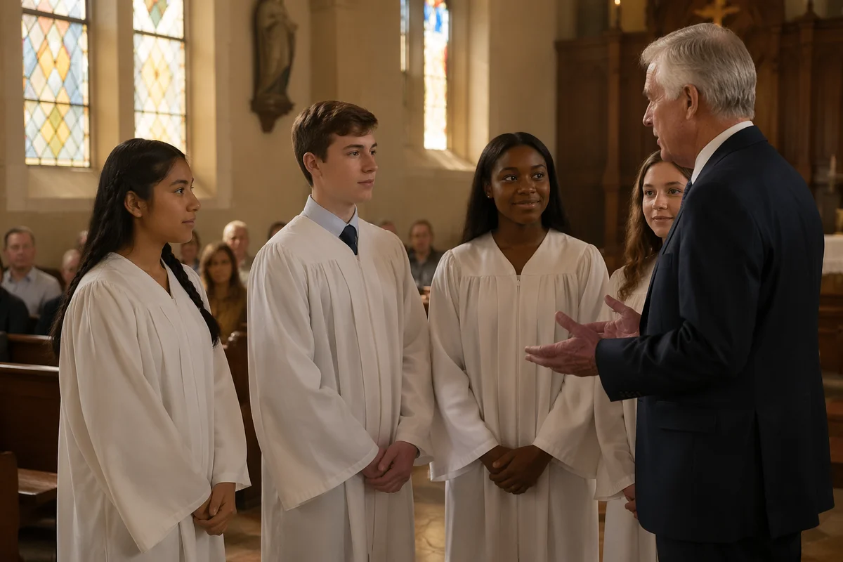 Teens in White Robes at Church