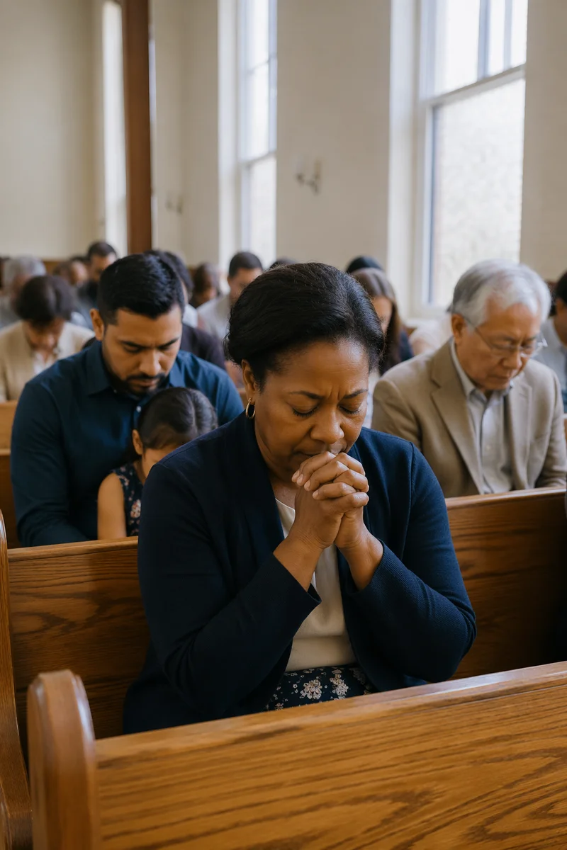 Congregation Praying in Sunlit Church Hall