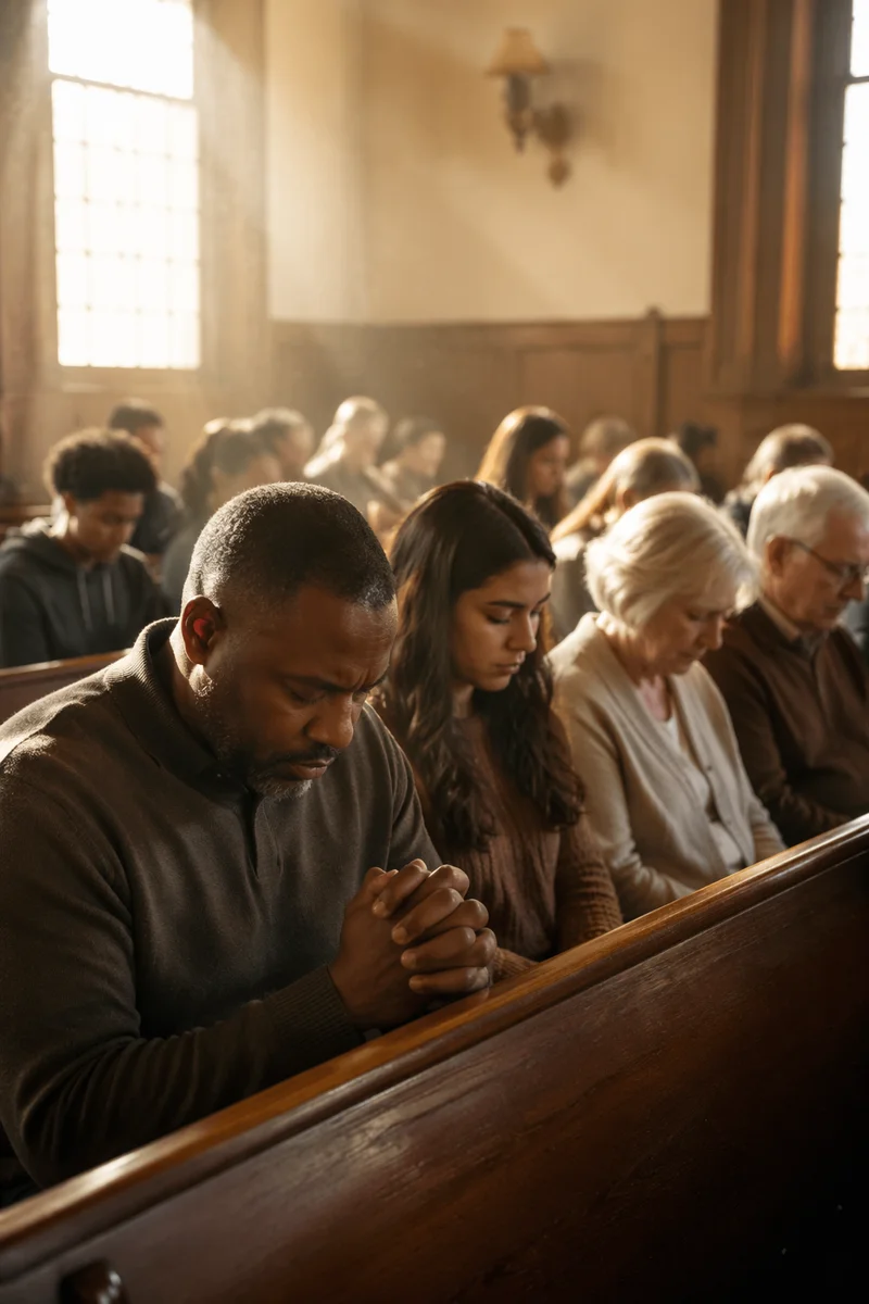 Congregation Praying in Sunlit Chapel Interior