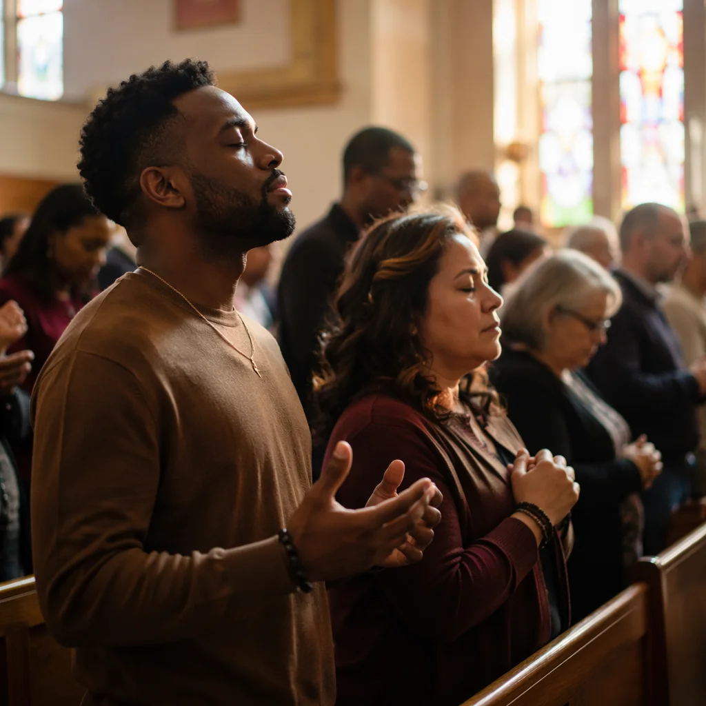 Congregation in Deep Worship With Eyes Closed