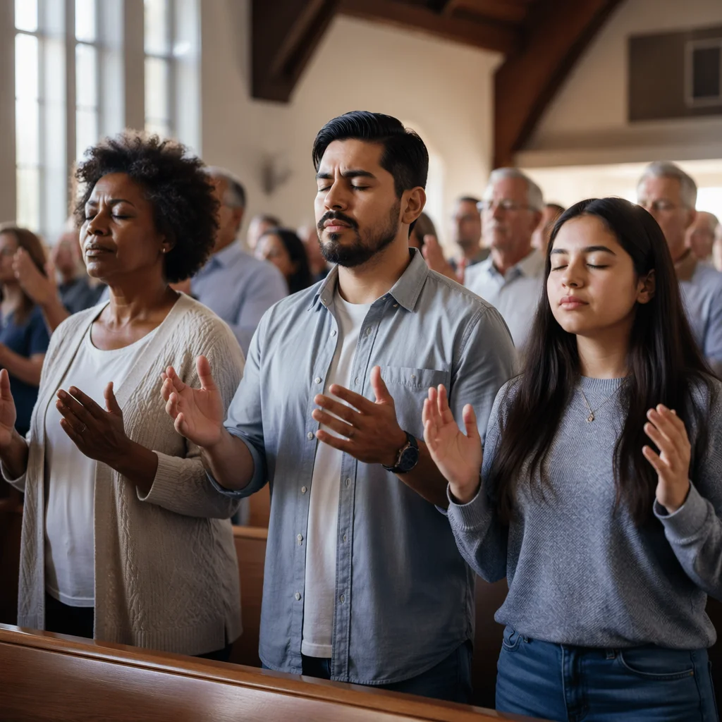 Congregation Praying in Bright Church Sanctuary