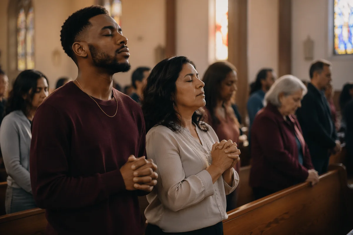 Congregation Standing in Warmly Lit Sanctuary