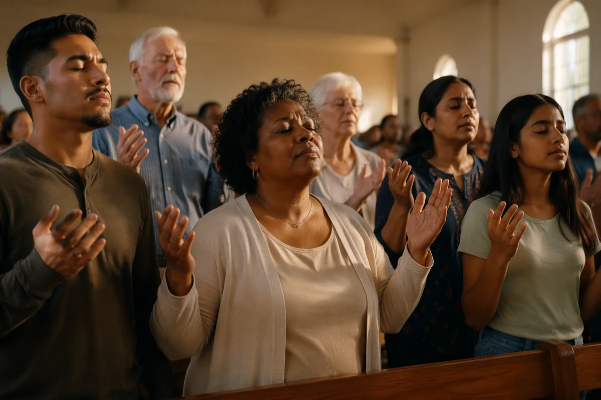 Congregation Praying in Bright Church Sanctuary