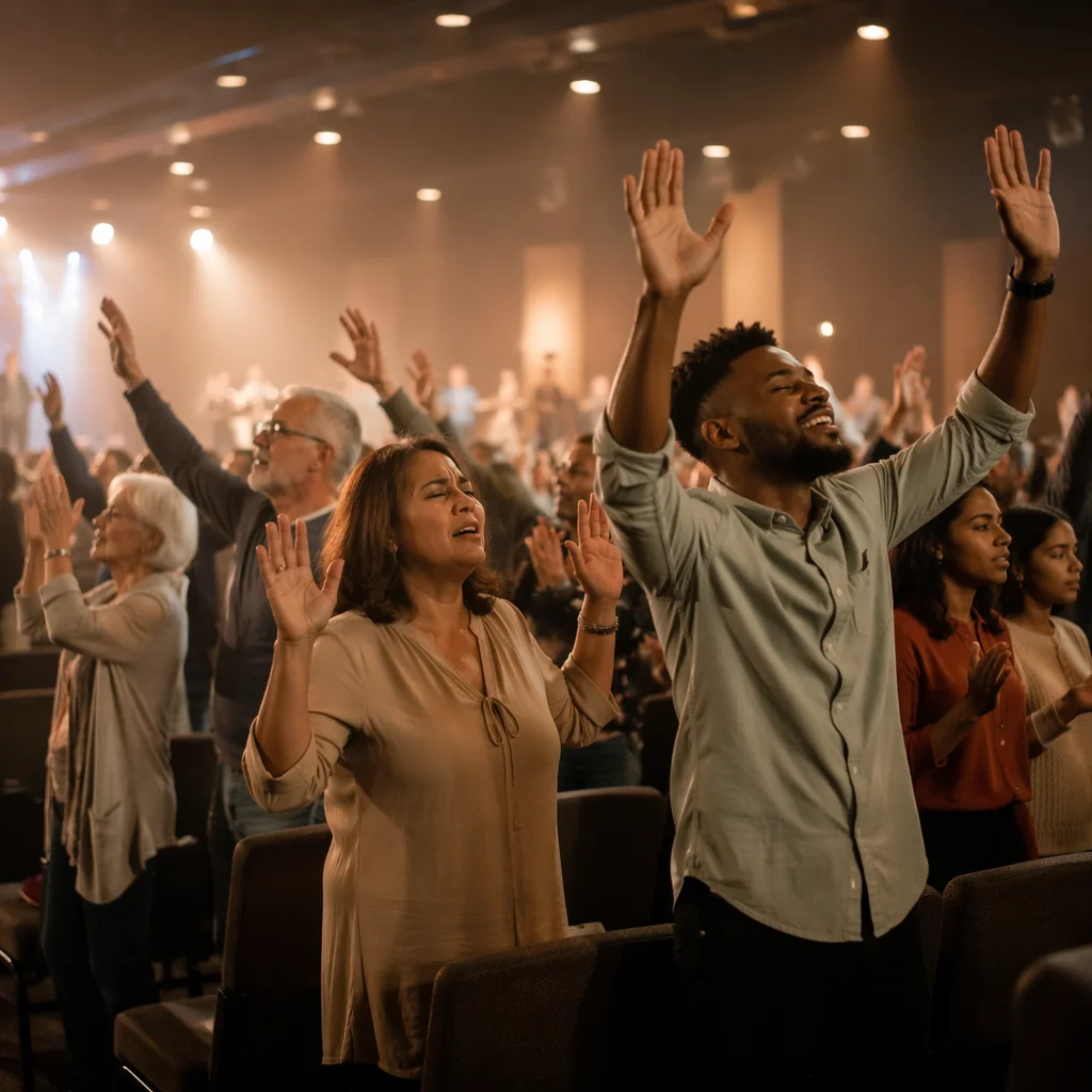 Diverse Congregation Raising Hands in Church