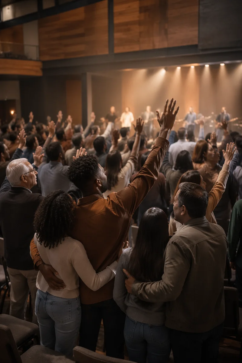 Raised Hands in Modern Church Auditorium