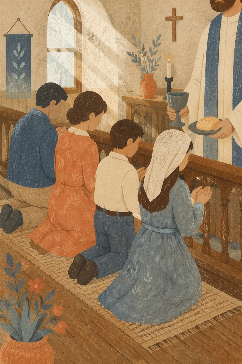 Reverent Communion at Wooden Kneeling Rail