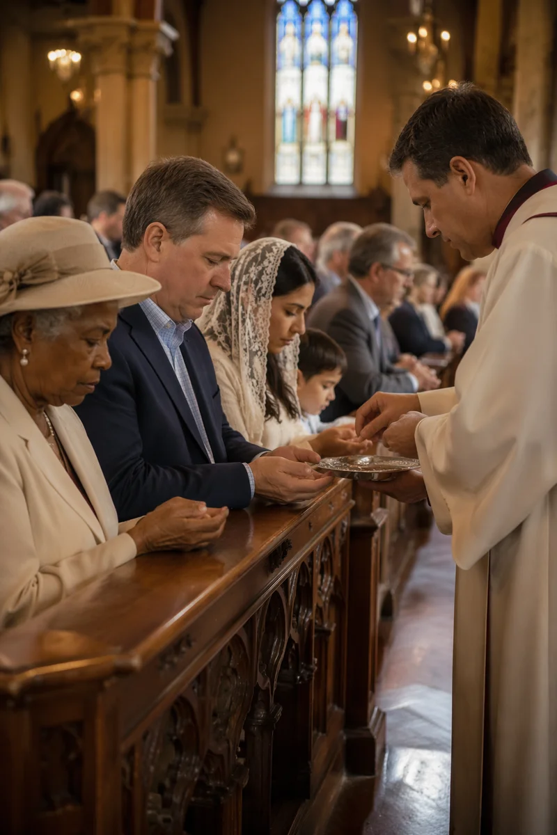 Congregation Kneeling at Communion Rail in Prayer