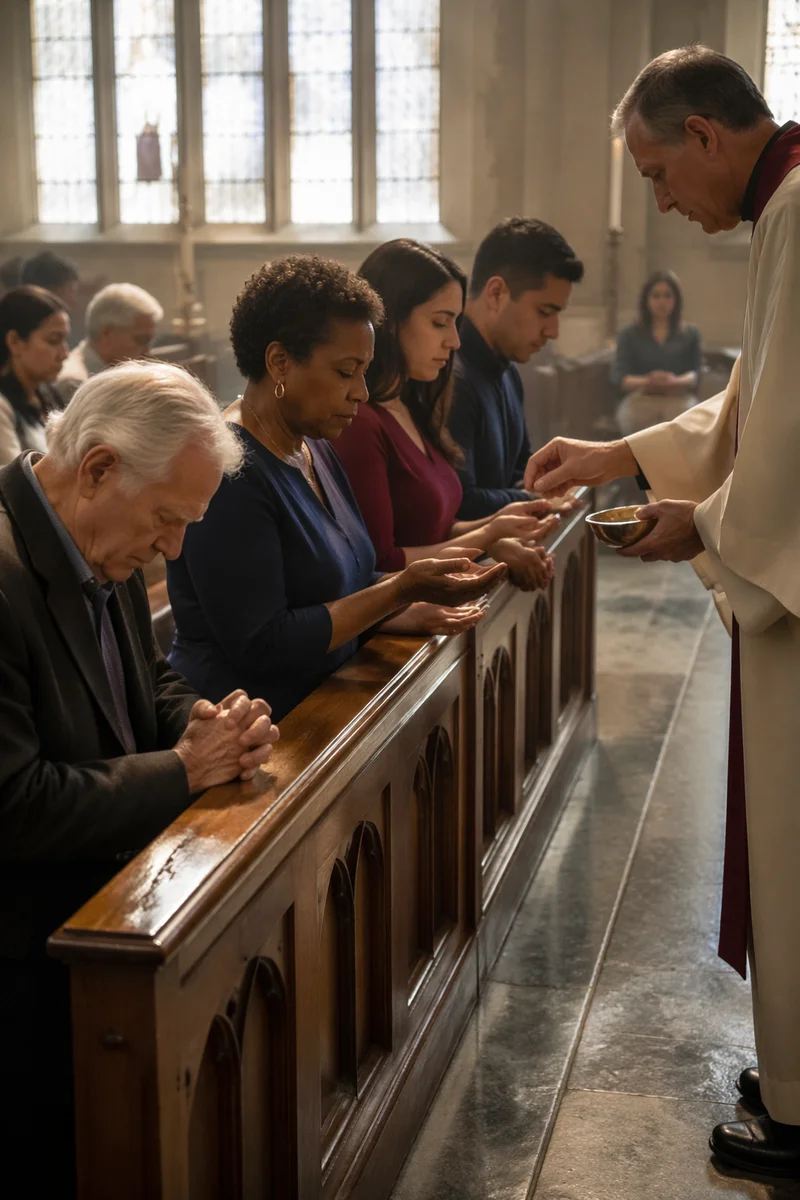 Reverent Congregation Kneeling at Communion Rail