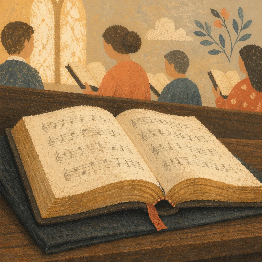 Open Hymnal on Wooden Pew