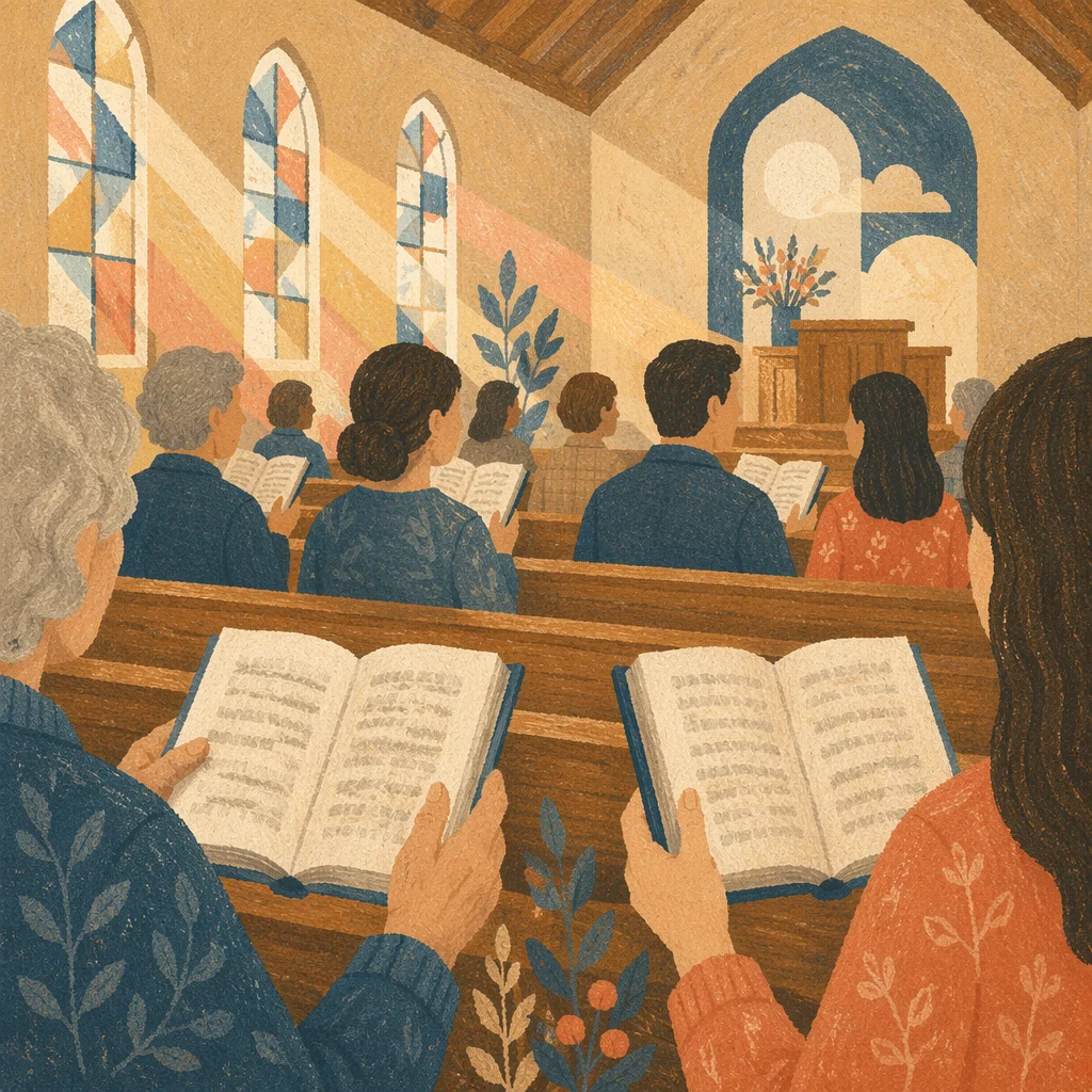 Congregation Singing Hymns in Warm Church Pews