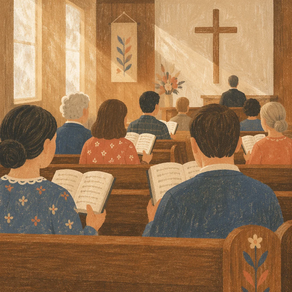 Congregation Singing Hymns in Wooden Chapel