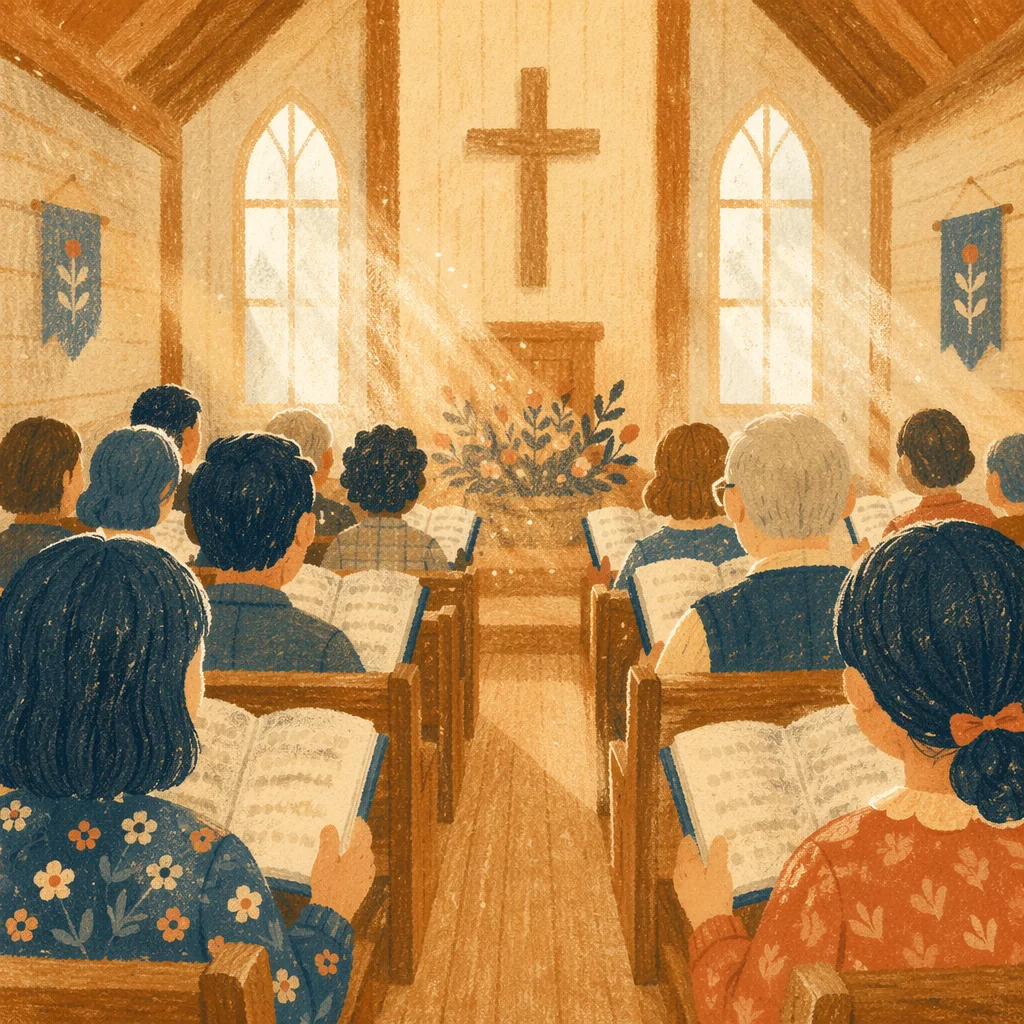 Congregation Singing Hymns in Wooden Chapel