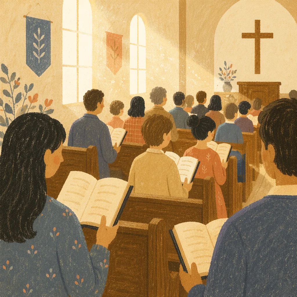Congregation Singing Hymns in Wooden Chapel