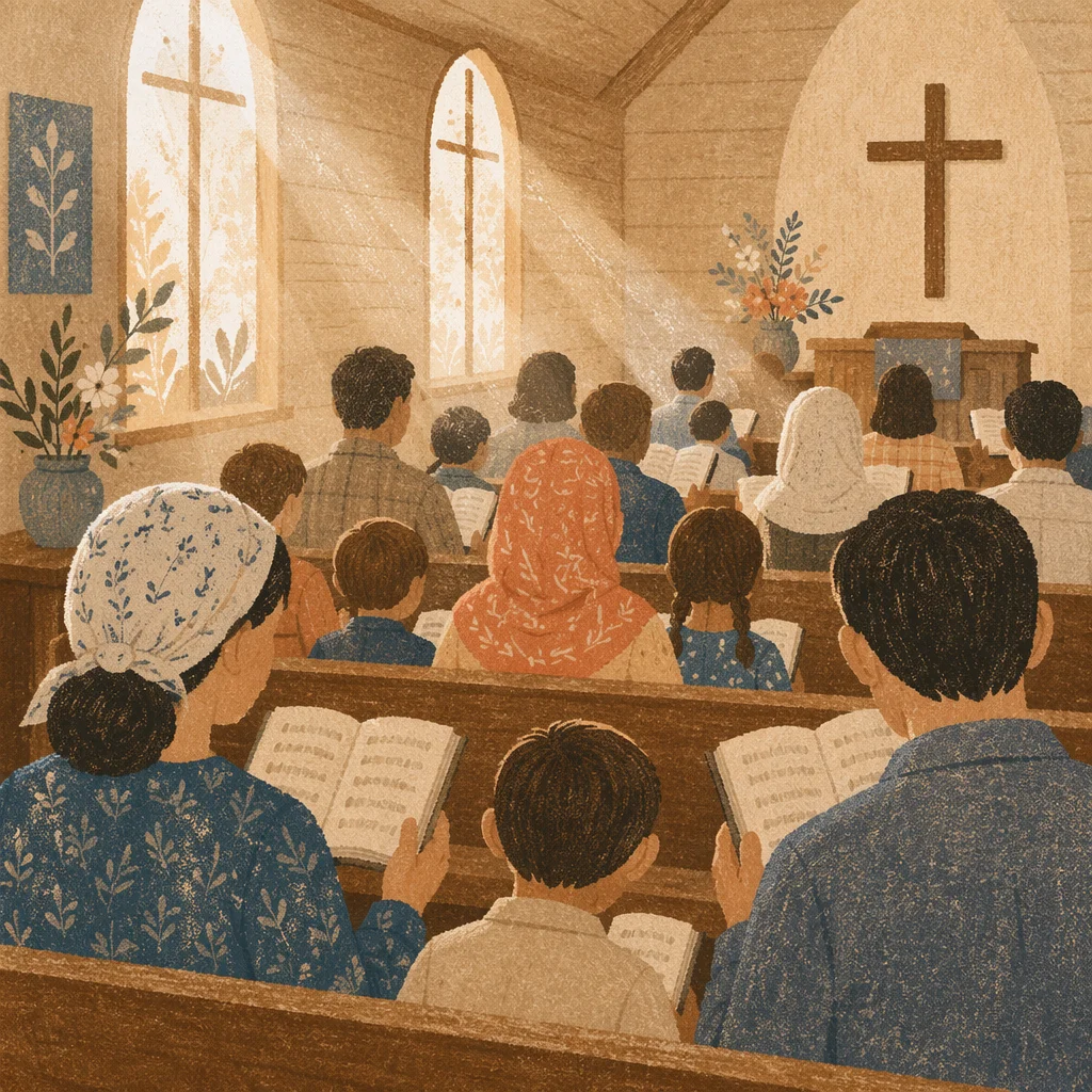 Congregation Singing Hymns in Wooden Chapel