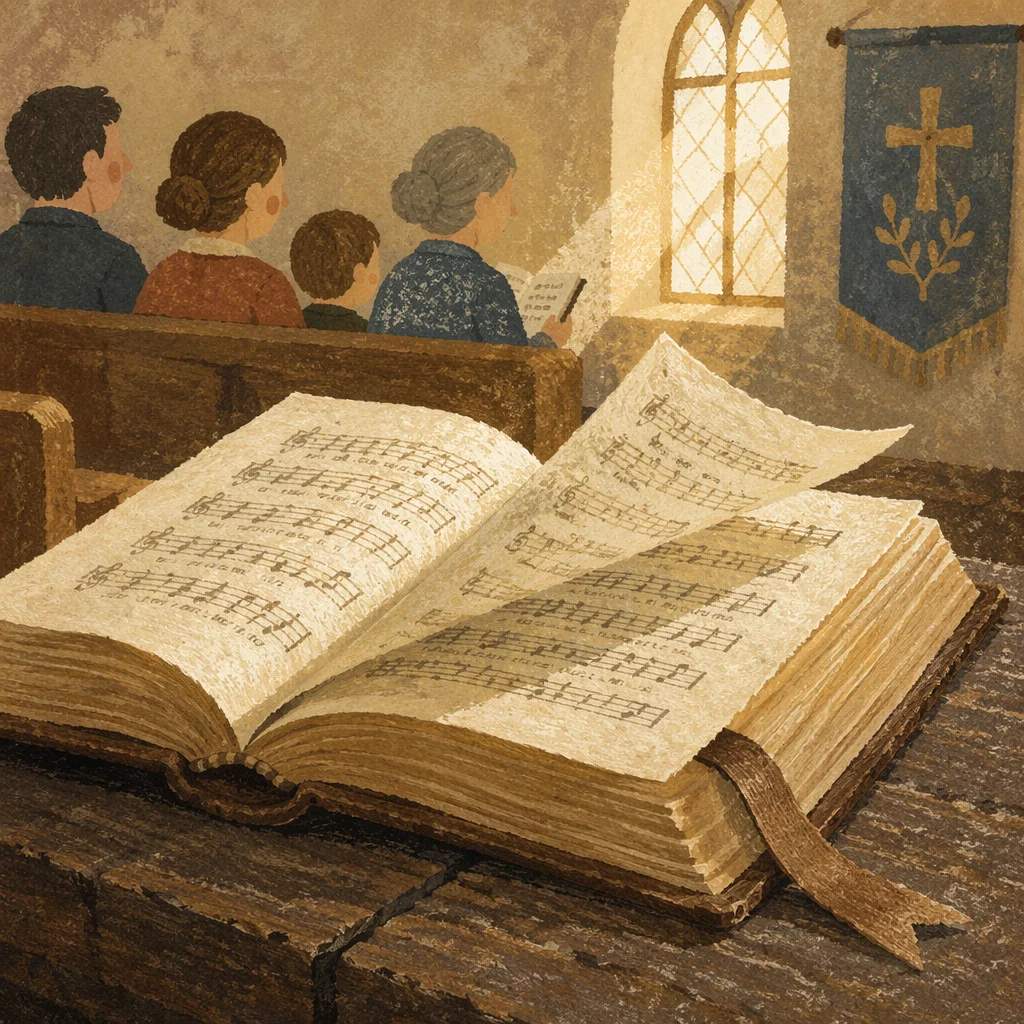 Open Hymnal on Church Pew