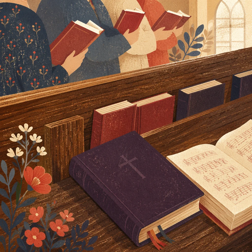 Purple Hymnal on Church Pew
