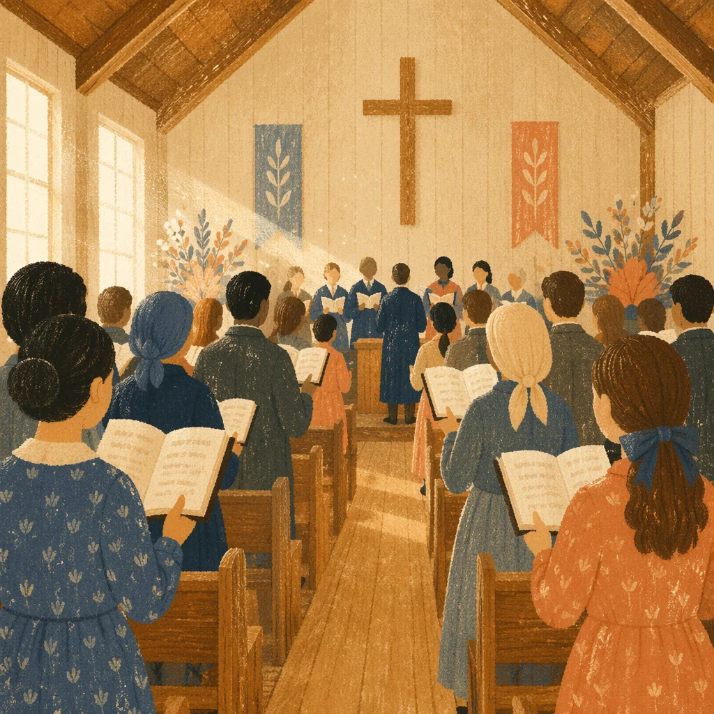 Congregation Singing Hymns in Wooden Chapel
