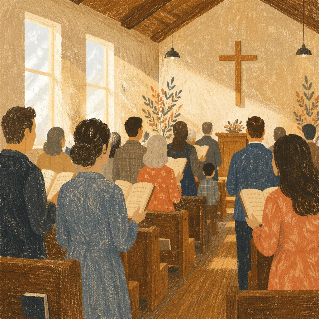 Congregation Singing Hymns in Wooden Chapel