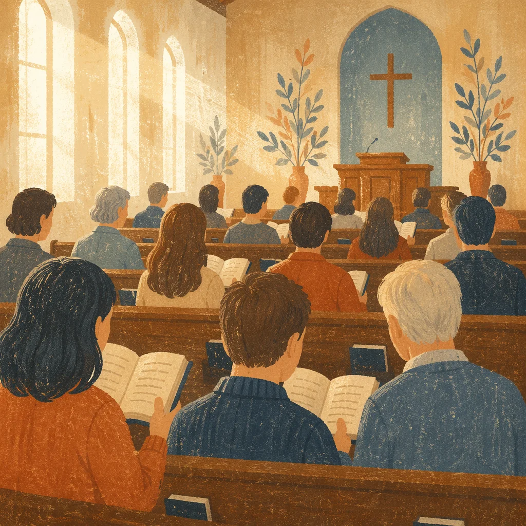 Congregation Singing Hymns in Wooden Chapel