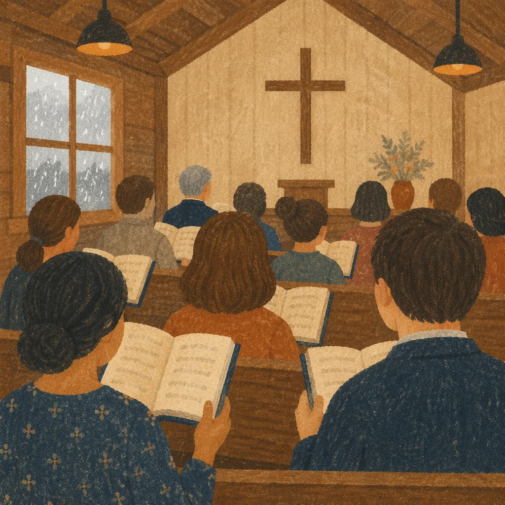 Congregation Singing Hymns in Wooden Chapel