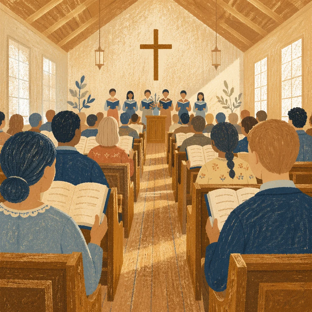 Congregation Singing Hymns in Wooden Chapel