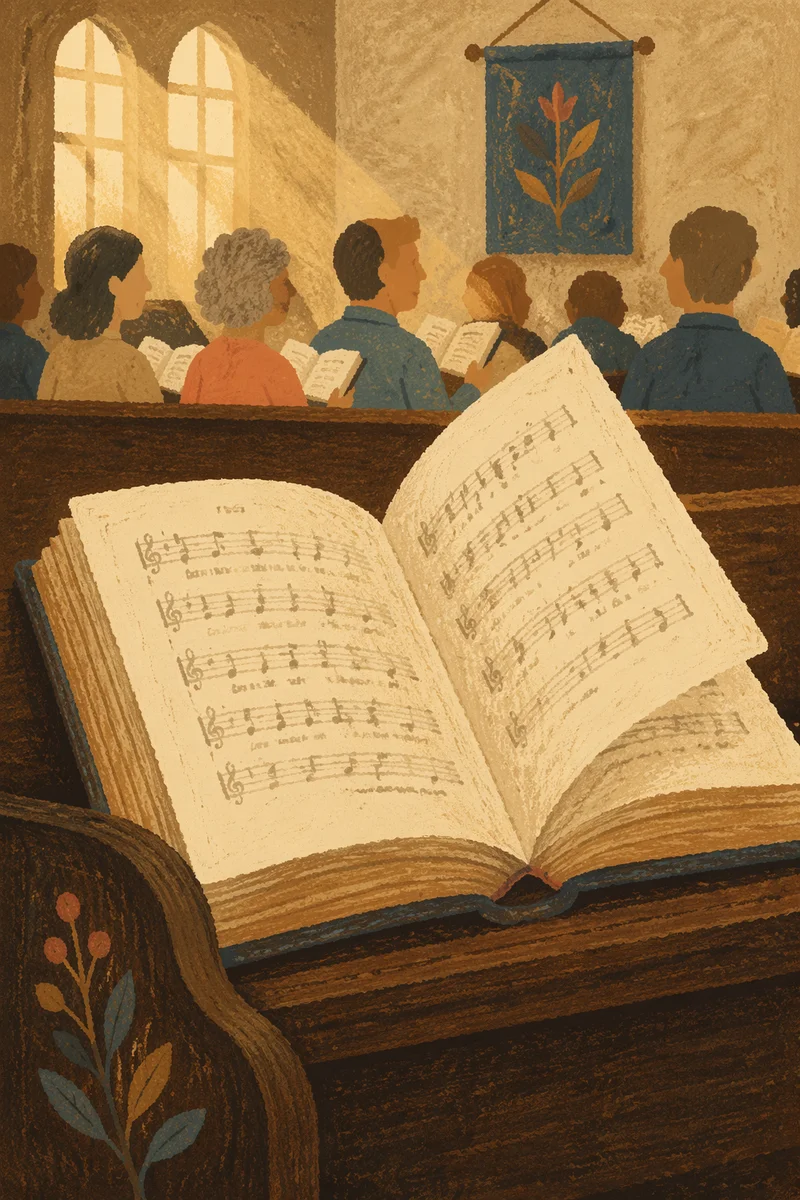 Open Hymnal on Wooden Church Pew
