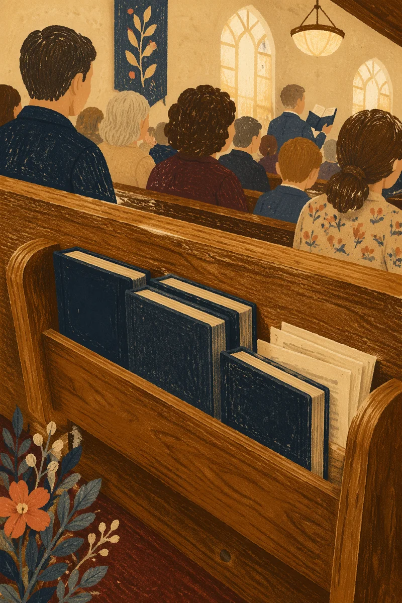 Hymnals in a Warm Traditional Church Pew