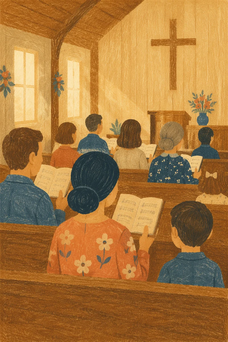 Congregation Singing Hymns in Wooden Chapel