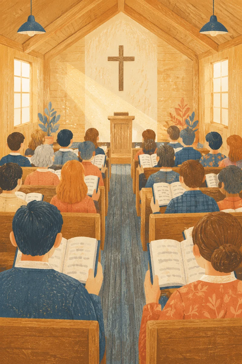 Congregation Singing Hymns in Wooden Chapel