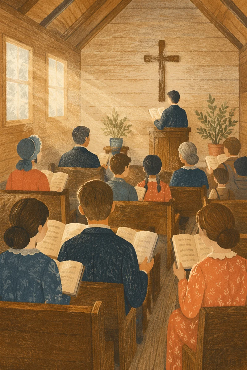 Congregation Singing Hymns in Wooden Chapel