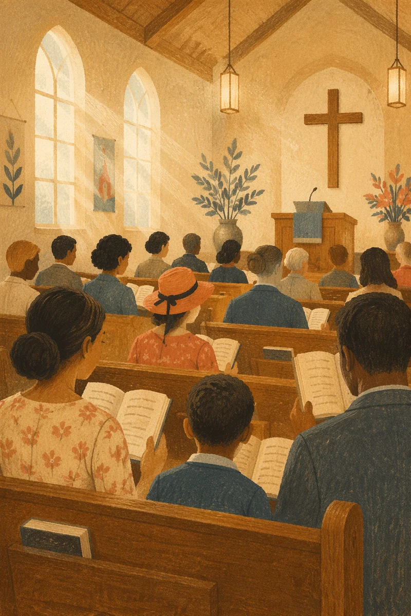 Congregation Singing Hymns in Wooden Chapel