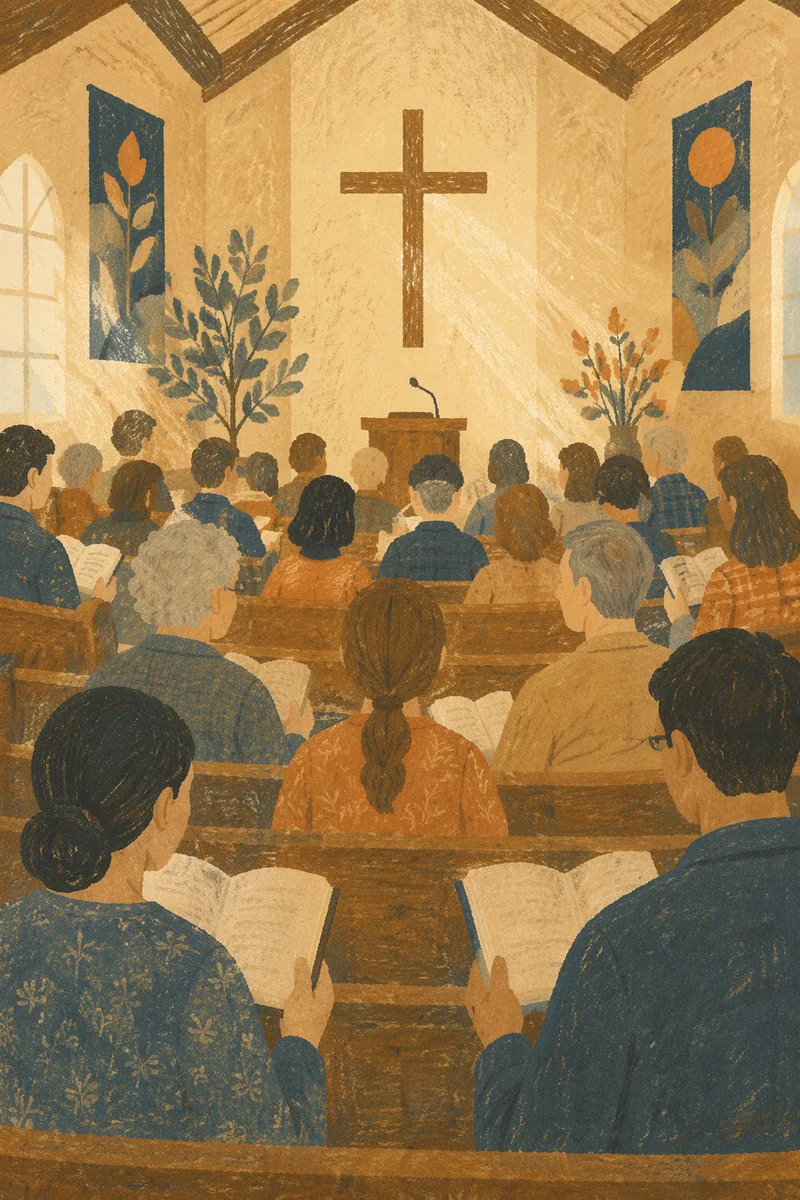 Congregation Singing Hymns in Wooden Chapel