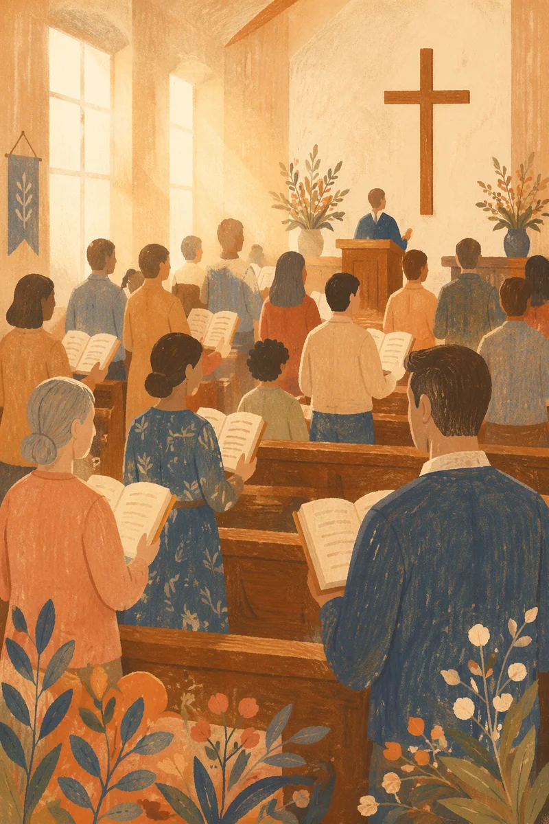 Congregation Singing Hymns in Wooden Chapel