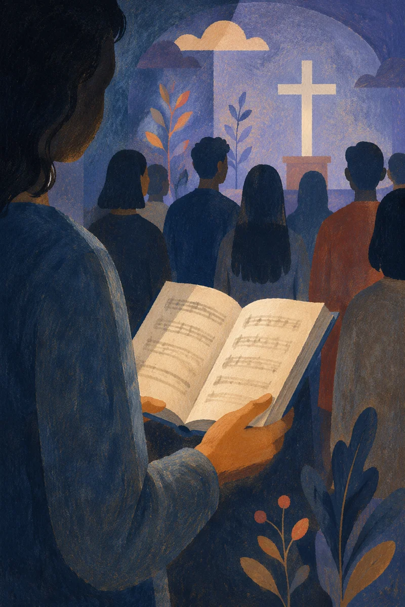 Congregation Singing Hymns in Dim Sanctuary