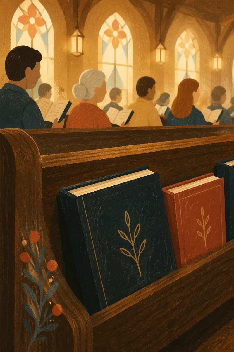 Hymn Books in Warm Church Pew