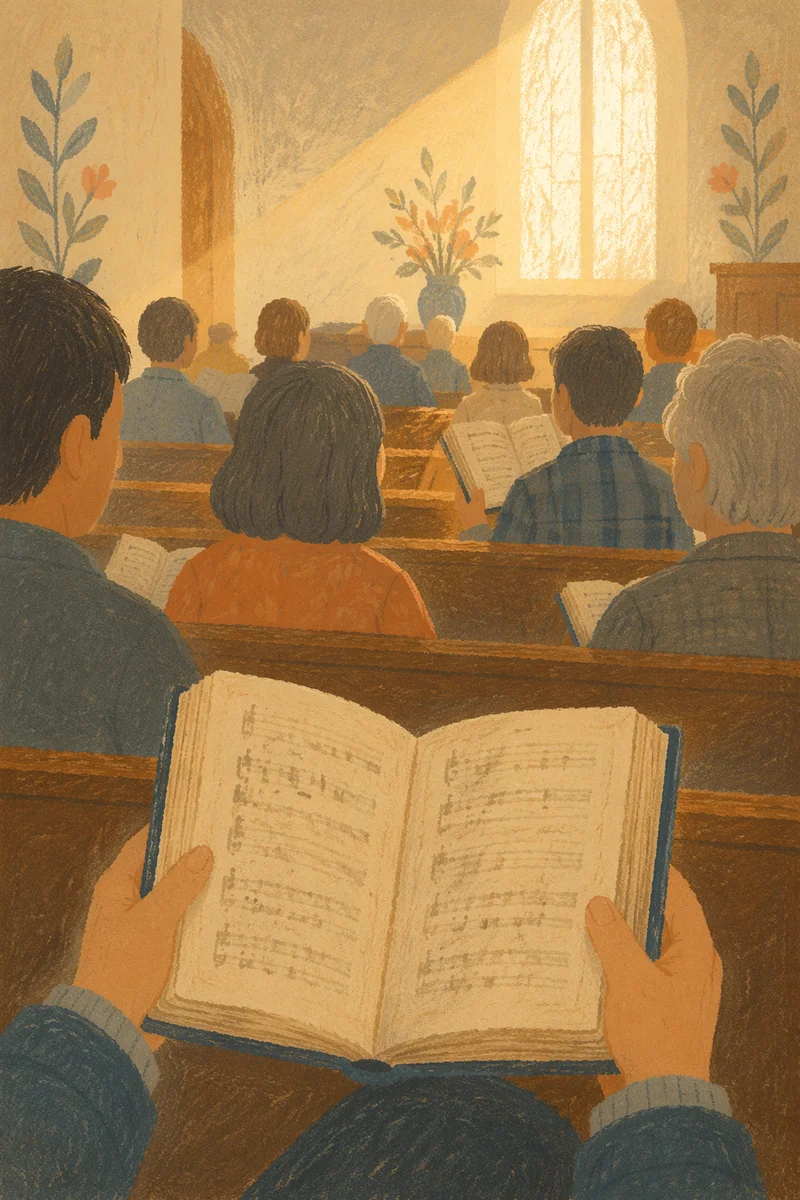 Congregation Singing Hymns in Wooden Chapel