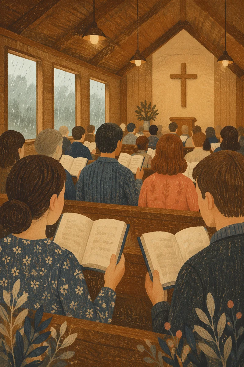 Congregation Singing Hymns in Wooden Chapel