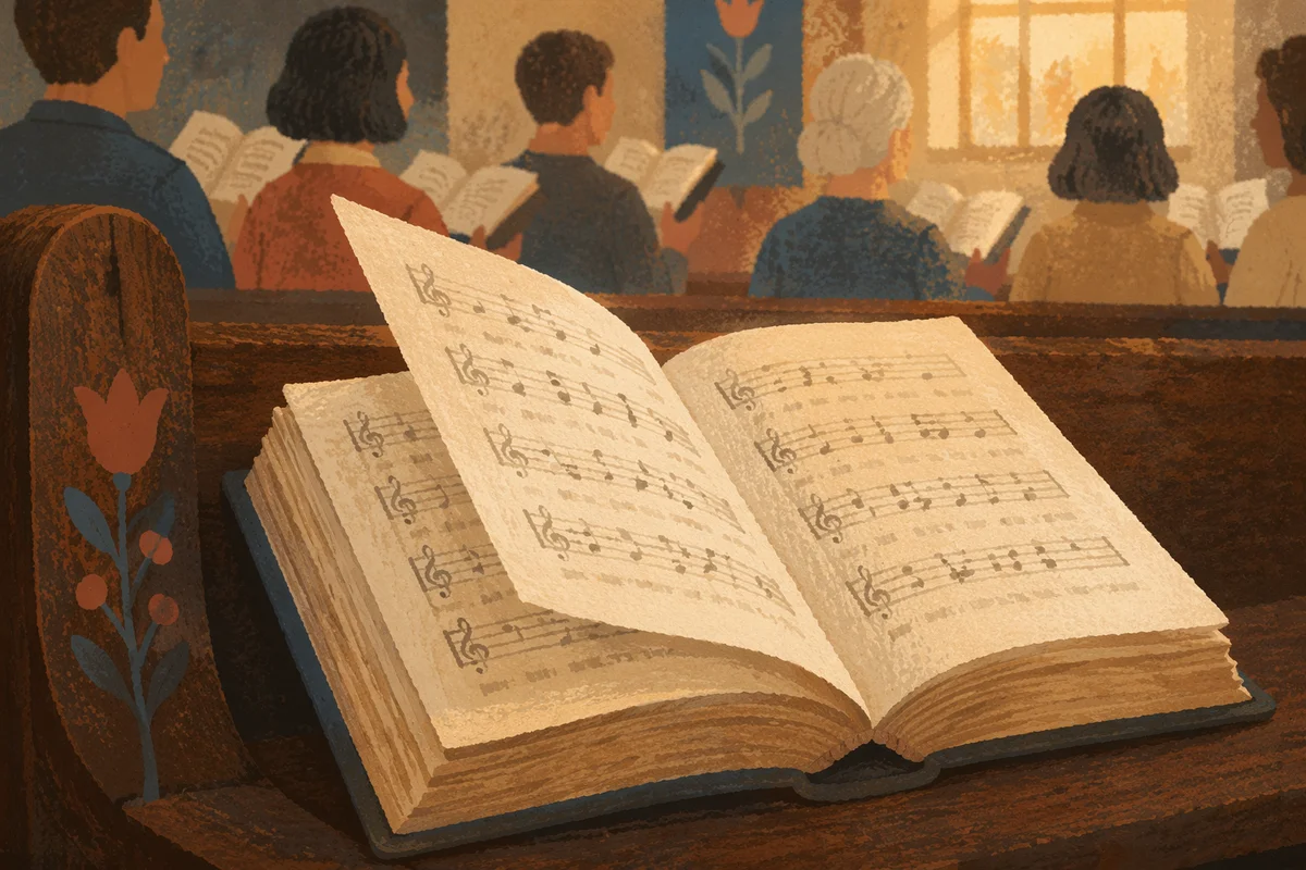 Open Hymnal on Church Pew