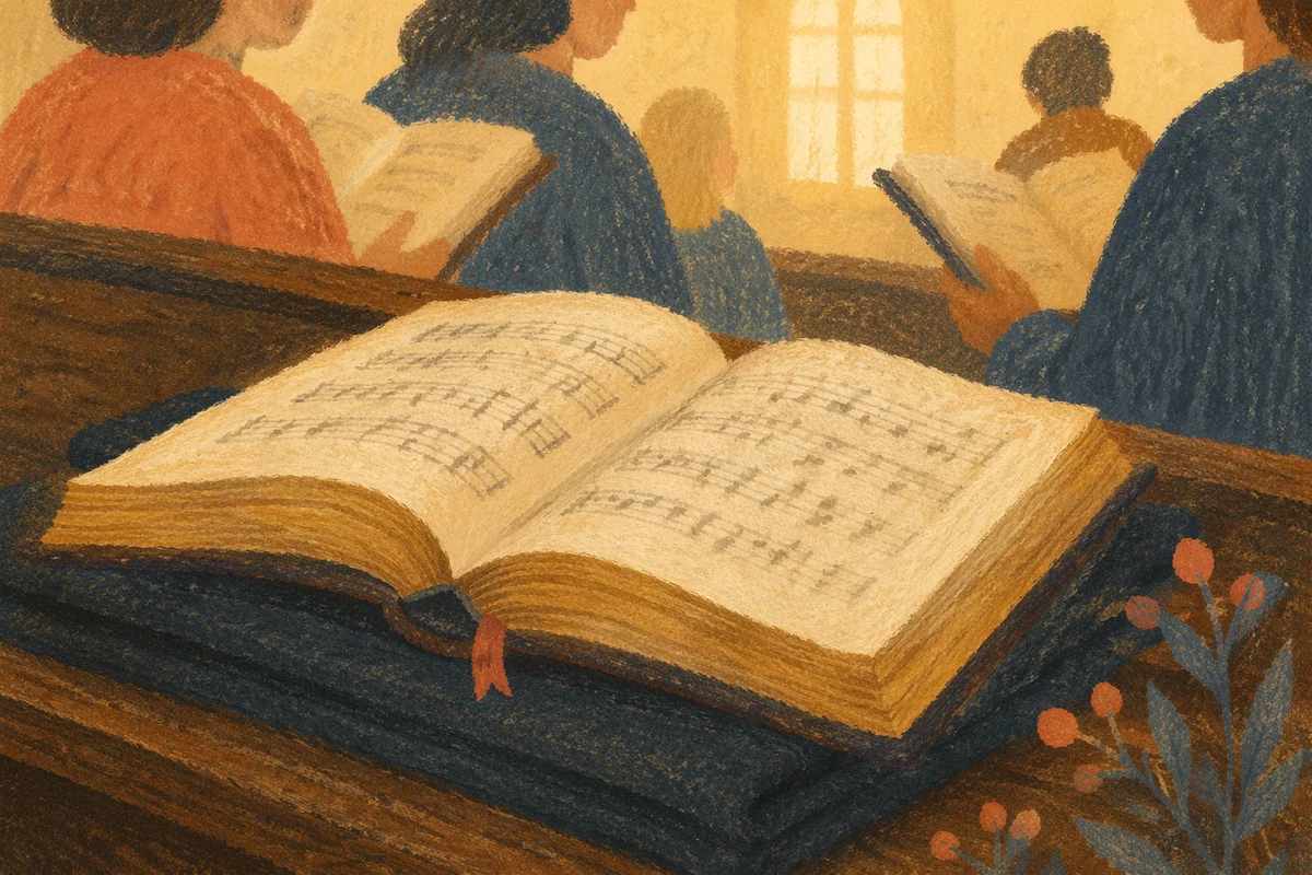 Open Hymnal on Wooden Church Pew