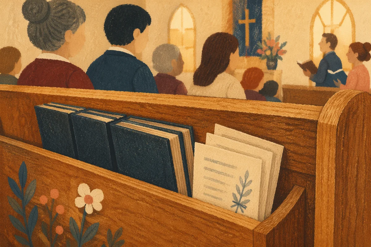 Hymnals Resting in Warm Church Pew