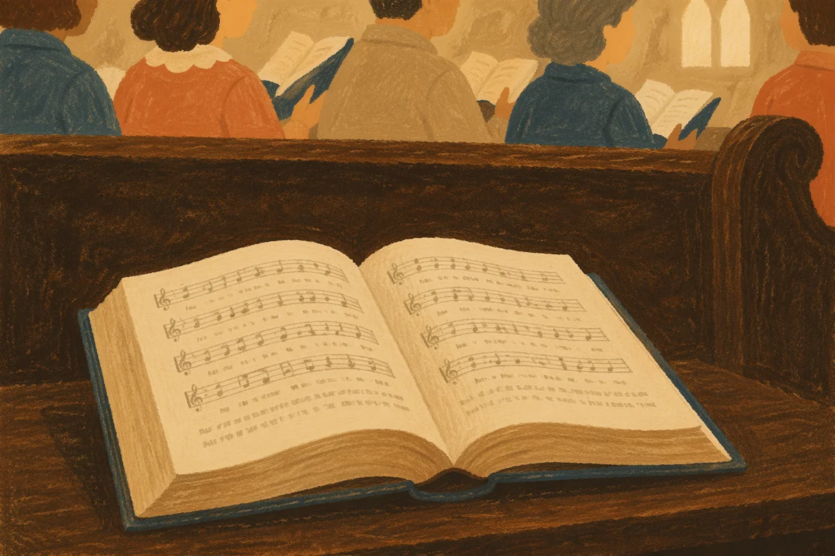 Open Hymnal on Wooden Church Pew