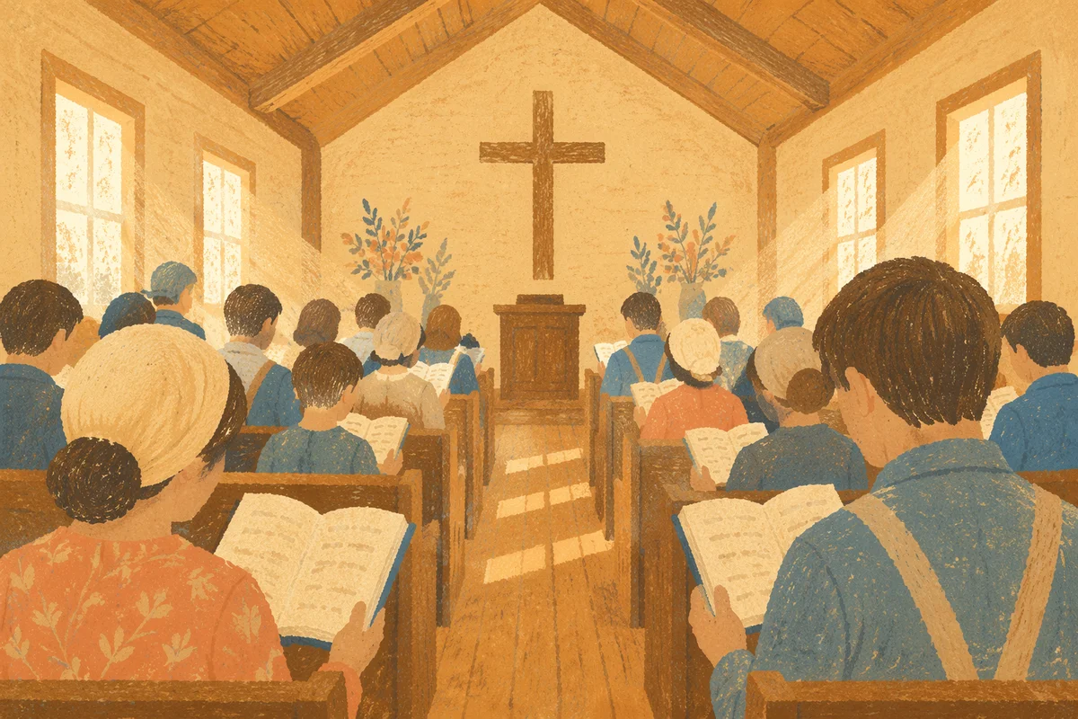 Congregation Singing Hymns in Warm Wooden Chapel