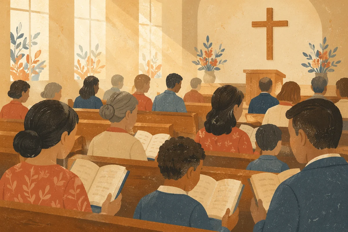 Congregation Singing Hymns in Wooden Chapel