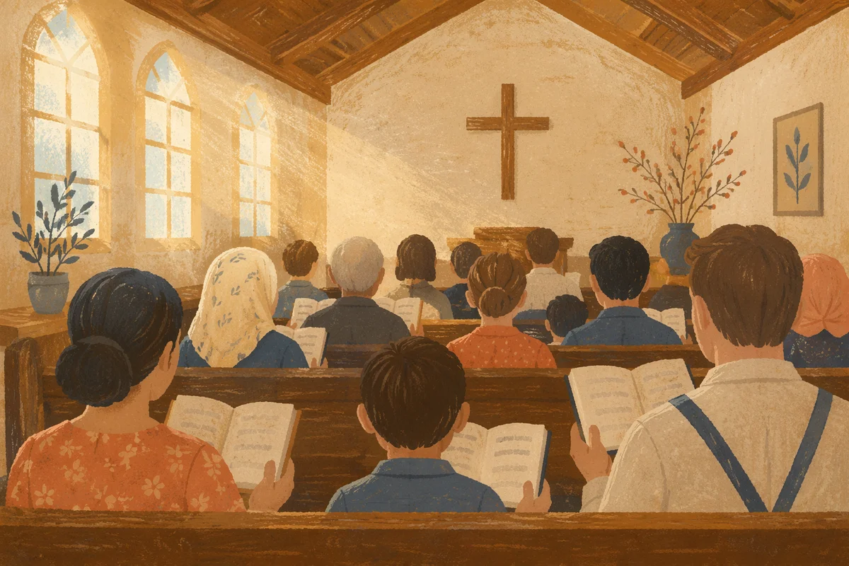 Congregation Singing Hymns in Wooden Chapel